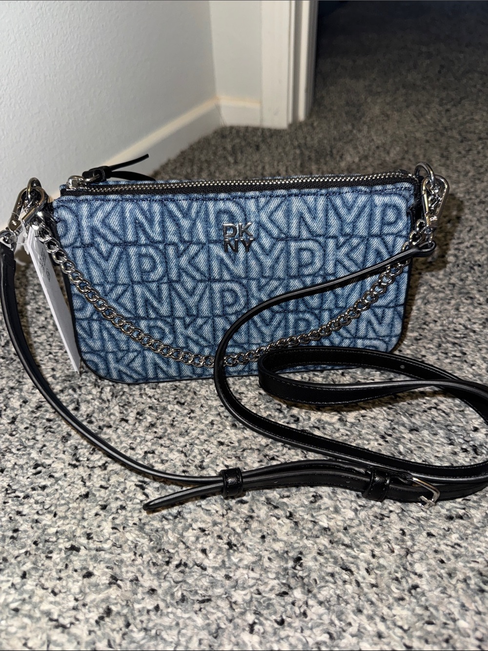 DKNY Blue Logo Small Denim Crossbody with Black Strap
